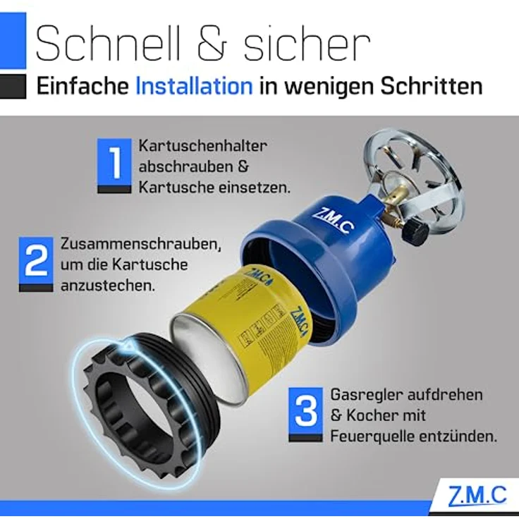 Z.M.C Campingkocher, tragbarer Gaskocher 1110 W, Kohleanzünder für Stechgaskartuschen, leicht und kompakt, ideal für Camping und Outdoor-Abenteuer – Bild 4