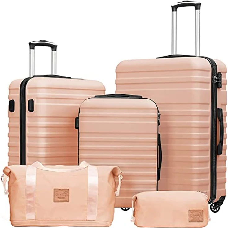 COOLIFE Reisekoffer-Set, 5-teilig mit ABS Hartschale, 4 Rollen, TSA-Schloss, inklusive Reisetasche und Kulturbeutel, Schwarz – Bild 1