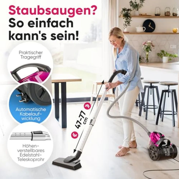 ProfiCare® Staubsauger beutellos Starke Saugleistung 700W, Bodenstaubsauger 4,8m Kabel, ohne Beutel, Hartböden & Auto Sofa, PC BS 3134 – Bild 5