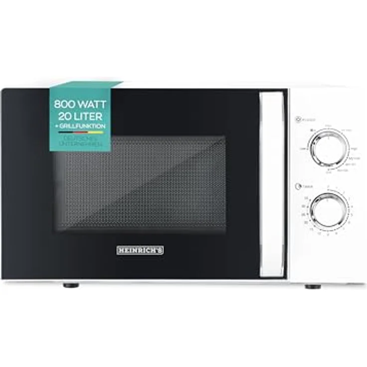 HEINRICHS Mikrowelle HMW 8846, 20L Volumen, 9 Leistungsstufen, inkl. 35min. Timer, Defrost Funktion, Innenraumbeleuchtung, 360°Drehteller, mit Grillfunktion, 800W Leistung, weiß – Bild 1