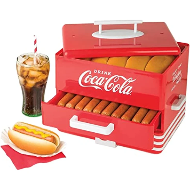 Salco Coca-Cola Hot Dog Maker - Dampfgarer und Brötchenwärmer im Diner-Stil, 24 Hot Dog Würstchen und 12 Brötchen Kapazität, Würstchen, Gemüse, Fisch, Knödel – Bild 1