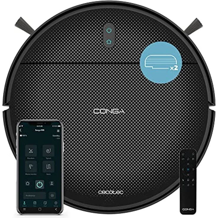 Cecotec Conga 999 Origin X-Treme Staubsaugerroboter, Technologie Random, 1000 Pa, 2 Seitenbürsten, Autonomie 120 Minuten, 6 Programme, Steuerung mit App und Fernbedienung, 2 Wischmopps