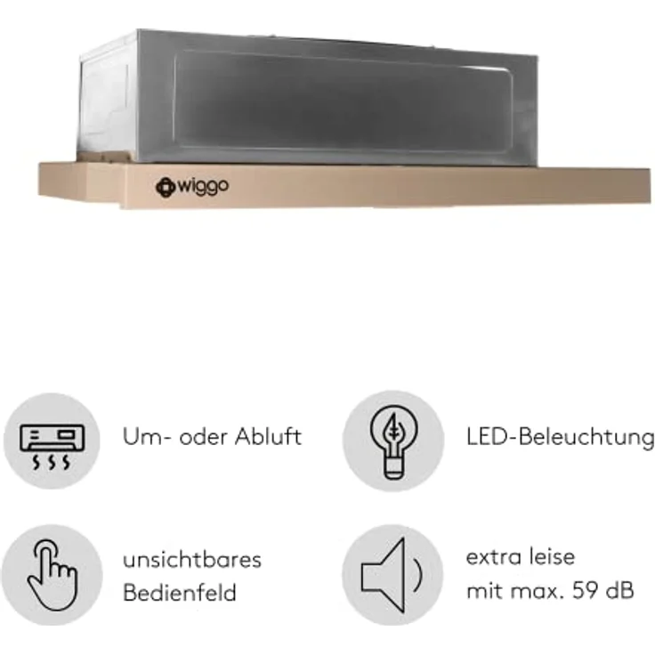 Wiggo Dunstabzugshaube 60cm WE-632R creme I Flachschirmhaube für Abluft oder Umluft Dunstabzug 300m³/h mit LED-Beleuchtung I Einbau-Dunstabzugshaube inkl. Fettfilter & 2× Kohlefilter – Bild 2