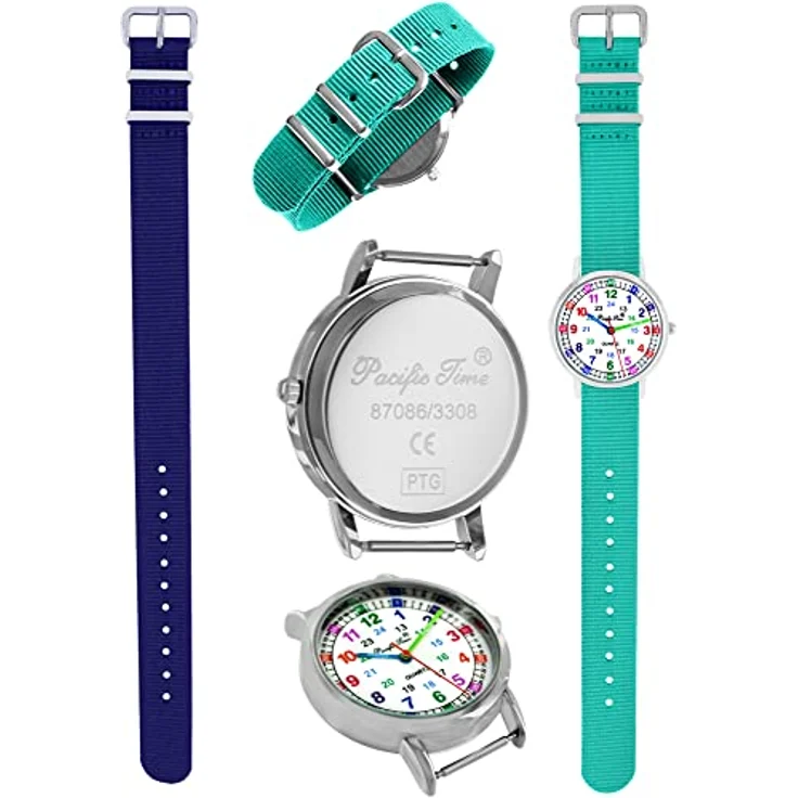 Pacific Time Kinder Armbanduhr Lernuhr, analog Quarz mit textilen Armbändern in türkis und dunkelblau, 16mm breit, ideal für Mädchen und Jungen – Bild 2