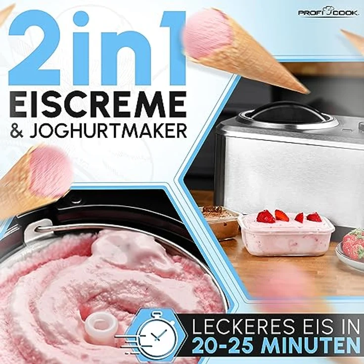 ProfiCook® Eismaschine und Joghurtbereiter | Eis in 20 min. | für bis zu 1500ml | Eismaschine mit Kompressor | für Eis & Frozen Joghurt | Inkl. Rezeptvorschläge, Spachtel und Messbecher | PC ICM 1268 – Bild 2
