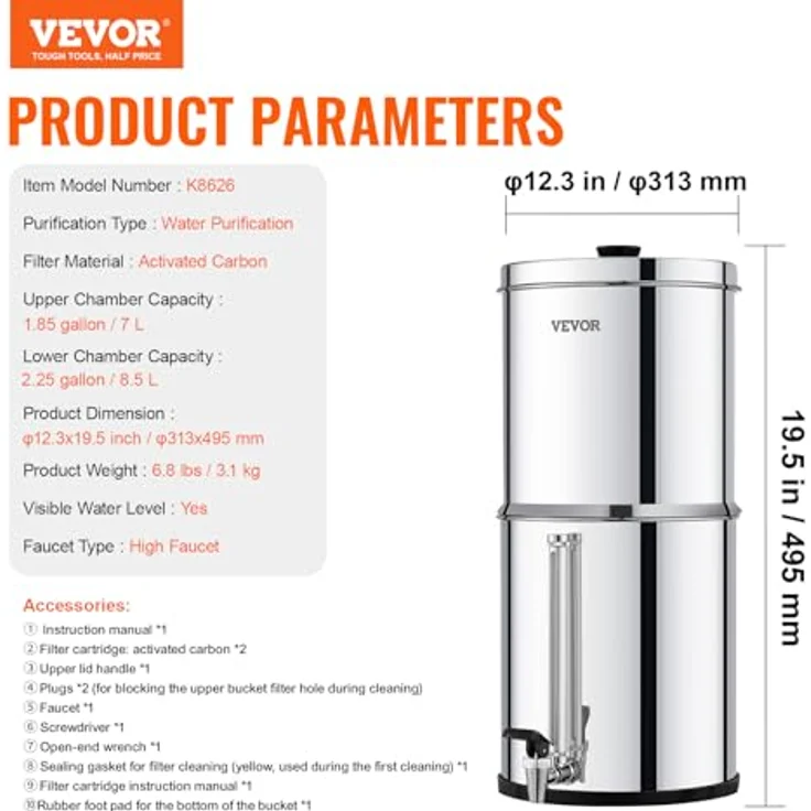 VEVOR Schwerkraft Wasserfiltersystem Edelstahl 7+8,5L, hochmoderne Wasserfiltration mit Blei- und Chlorreduzierung – Bild 7