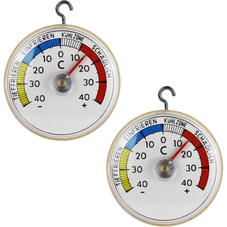 Lantelme Kühlschrankthermometer Set 5 Stück, analog für Kühlschrank und Gefrierschrank, Temperaturanzeige -40°C bis +40°C, selbstklebend mit Metallhaken, beige