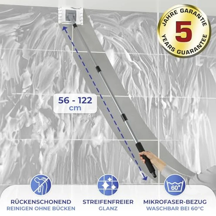Maximex Teleskop Bad- und Fliesenwischer Profi, 360° Duo-Knickgelenk, inkl. 2 waschbarer Bezüge bis 60°C, 16 x 67-133 x 4 cm – Bild 5