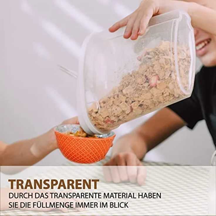 Bestlivings Vorratsdose Müslispender, transparente Schüttdose für Lebensmittel, 1,4 Liter, luftdicht mit 2 Öffnungen, Kunststoff, 7cm x 17cm x 12,5cm – Bild 6
