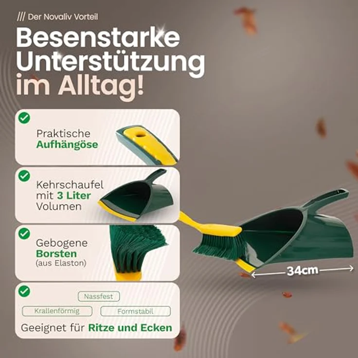 Novaliv 5X Kehrgarnitur Jumbo, 2-tlg. Set aus Kunststoff in Grün und Gelb, Handfeger mit gebogenen Borsten und Kehrschaufel mit Gummilippe – Bild 2