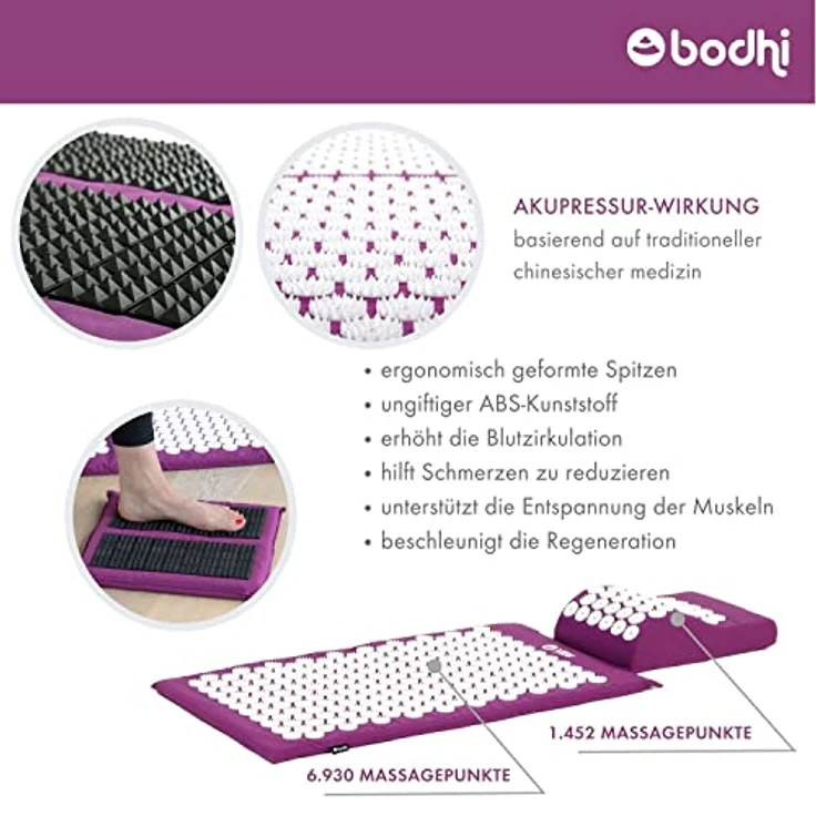 Akupressur-Set VITAL DELUXE SPIKY: Akupressur-Matte (74 x 44 cm), Kisssen und -Fußmatte im günstigen Set, vitalisierend, für Rücken und Nacken (aubergine) – Bild 4