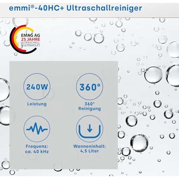 Emag Emmi-40HC Plus Ultraschallreiniger, 240W, 4.5l mit Heizung und Edelstahl-Schwingwanne – Bild 3