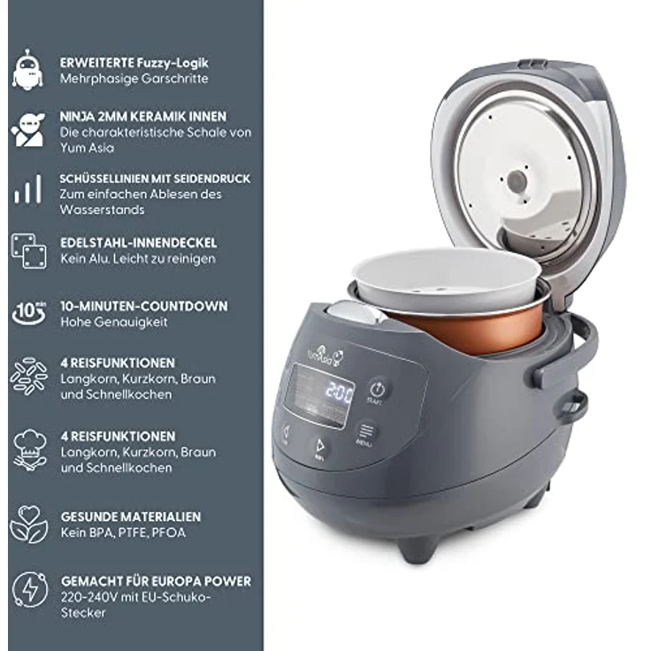 Yum Asia Panda Mini-Reiskocher mit Ninja-Keramikschüssel und Advanced Fuzzy Logic (3,5 Tassen, 0,63 Liter) 4 Reisfunktionen, 4 Multicooker-Funktion, 220–240V (Cobalt Grey) – Bild 3