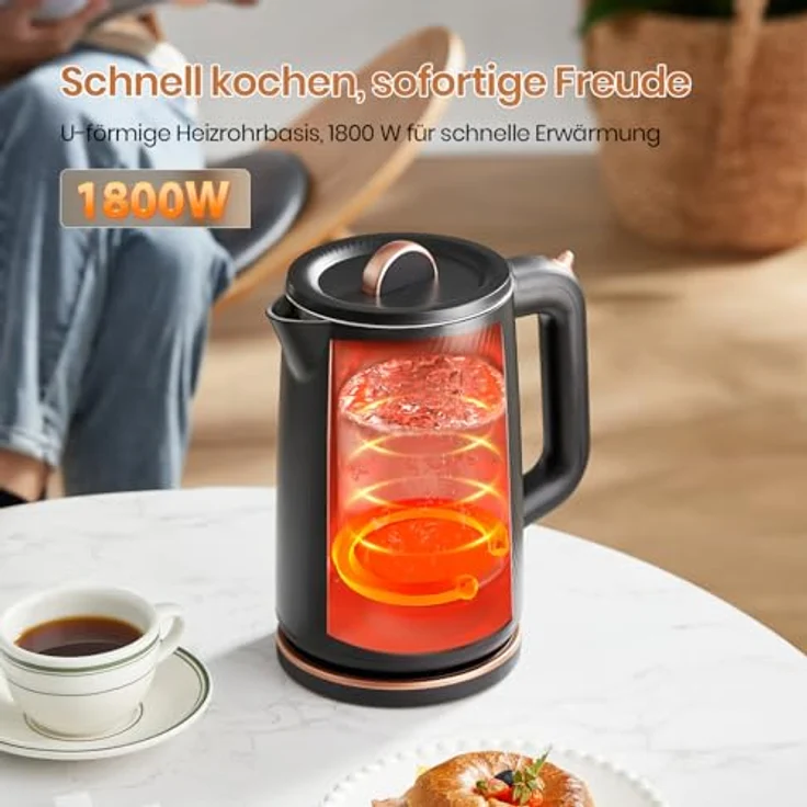OLEGA Wasserkocher Elektrischer Teekessel 1800W, BPA-frei, 1,8 Liter, Schwarz, sicher und schnellaufheizend mit Abschaltautomatik – Bild 2