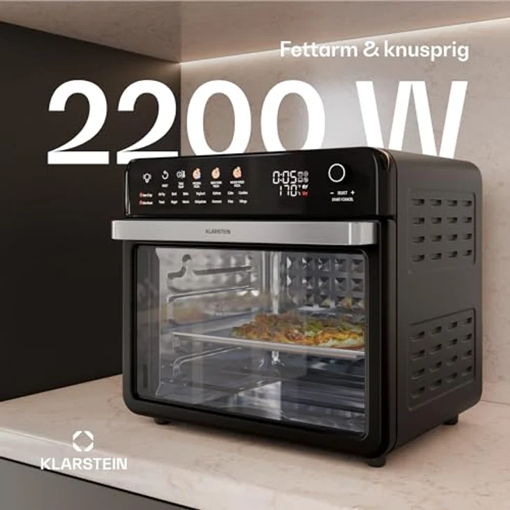 Klarstein AirGlaze Digital Heißluftfritteuse – 34 L, 2200 W, 19 Programme, Rotisserie, Touch Display, Pizzastein & Grillroste, Doppelt Verglaste Tür, Schwarz – Bild 3