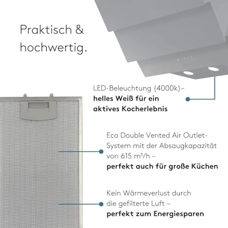 Wiggo B643 Dunstabzugshaube 60cm kopffrei I Abluft Umluft Dunstabzug 615m³/h - Touch-Display 4 Stufen I Energieeffizienzklasse B Schräghaube inkl. 2x Kohlefilter I Abzugshaube Glasfront grau – Bild 3