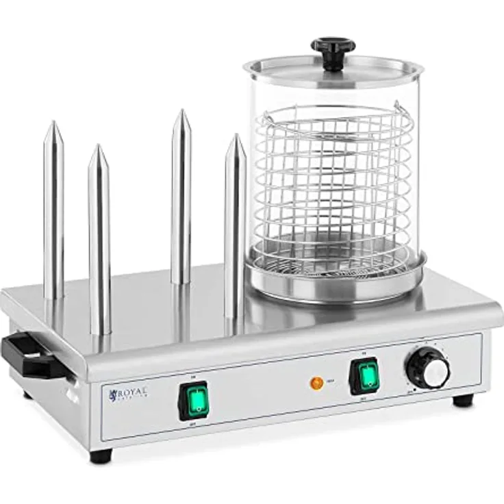 Royal Catering RCPHW 650 Hot-Dog-Maker 650 W 4 Heizspieße Hot Dog Wärmer - leistungsstark mit 650 W, 4 Heizspieße, Temperaturbereich von 37 - 100 °C, Edelstahl/Glas