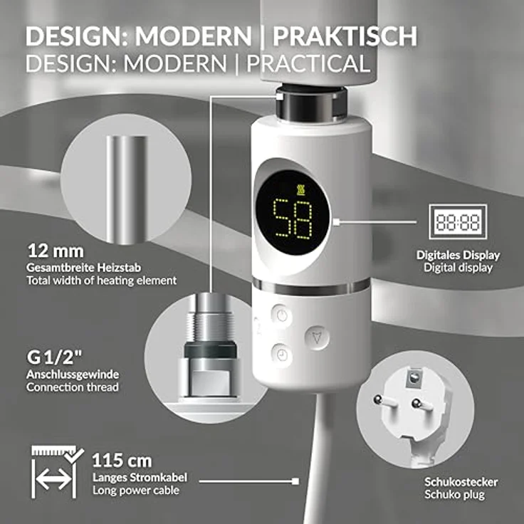 LuxeBath Heizstab 600W Weiß, mit Thermostat und LCD Bildschirm Temperaturregler, korrosionsbeständig, schnelle Aufheizzeit – Bild 3
