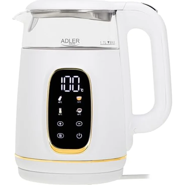 ADLER Wasserkocher AD 1232, 2200W mit Temperatureinstellung, 1,7L, LED-Display, Touchpanel, 5 Temperaturprogramme, Warmhaltefunktion, Kalkfilter
