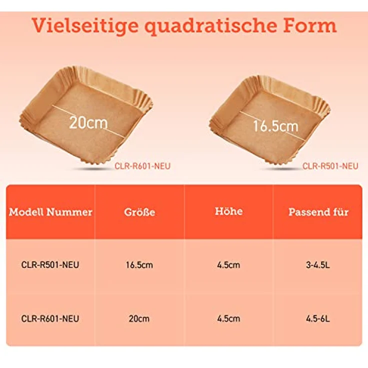 COSORI Backpapier für Heißluftfritteuse 4,5-6L, 100 Stück, 20cm, Ungebleichte und antihaftbeschichtete quadratische Einwegpapier für Airfryer, Backofen, Mikrowelle, Dampfgarer, Öl- und wasserdicht – Bild 5