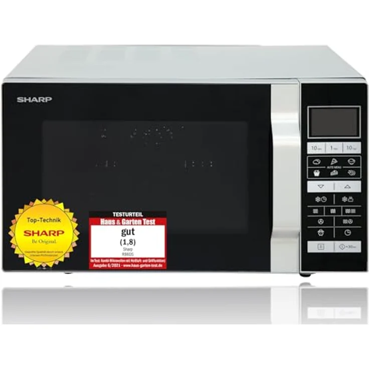Sharp R-860S 3-in-1 Mikrowelle mit Grill und Heißluft, Standgerät, 25 Liter Garraum, 900 Watt, 49 cm, Programmautomatik, Gewicht und zeitgesteuertes Auftauen, edelstahl – Bild 1