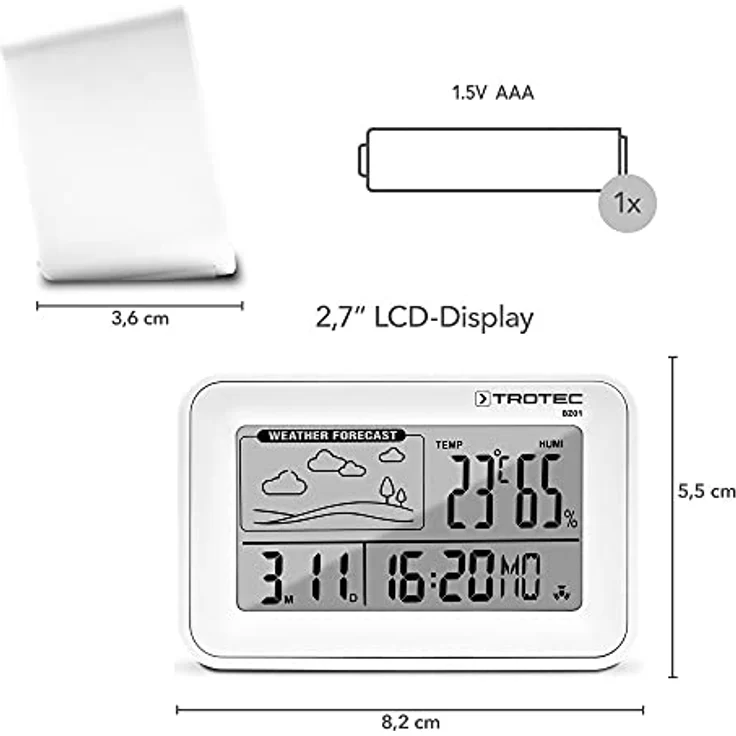 TROTEC Wecker Digital BZ01, Wetterstation mit 2,7" LCD-Display, Temperatur- und Luftfeuchtigkeitsanzeige, geräuschlos, Schlummer-Funktion – Bild 2