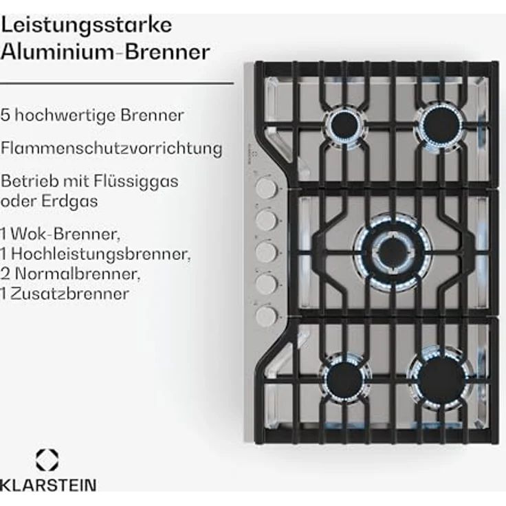 Klarstein Turbocast Gaskochfeld - 5-Brenner Edelstahl 304, 3,4 kW Wokbrenner, Gusseiserne Pfannenhalter, Elektrische Zündung, Sicherheitsabschaltung, LPG-Umrüstsatz, Gasherd, 750x500 mm, Silber – Bild 3