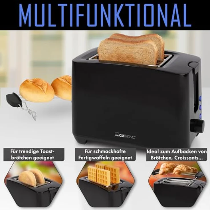 Clatronic® kompakter Toaster 2 Scheiben | Toaster mit Auftau-/Aufwärm-/Schnellstoppfunktion | Toaster mit Brötchenaufsatz | Toaster schwarz auch für Toastbrötchen & Fertigwaffeln | TA 3801 – Bild 5