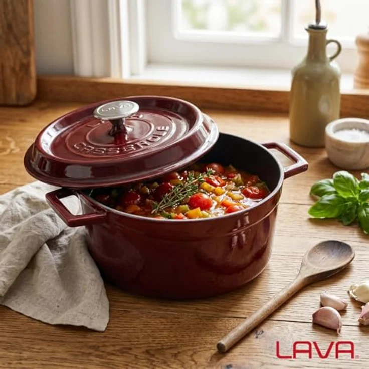 LAVA Gusseisentopf mit Deckel, emailliert, Ø 24 cm, 4,49 Liter, Rot, backofengeeignet, spülmaschinengeeignet, energiesparend – Bild 7