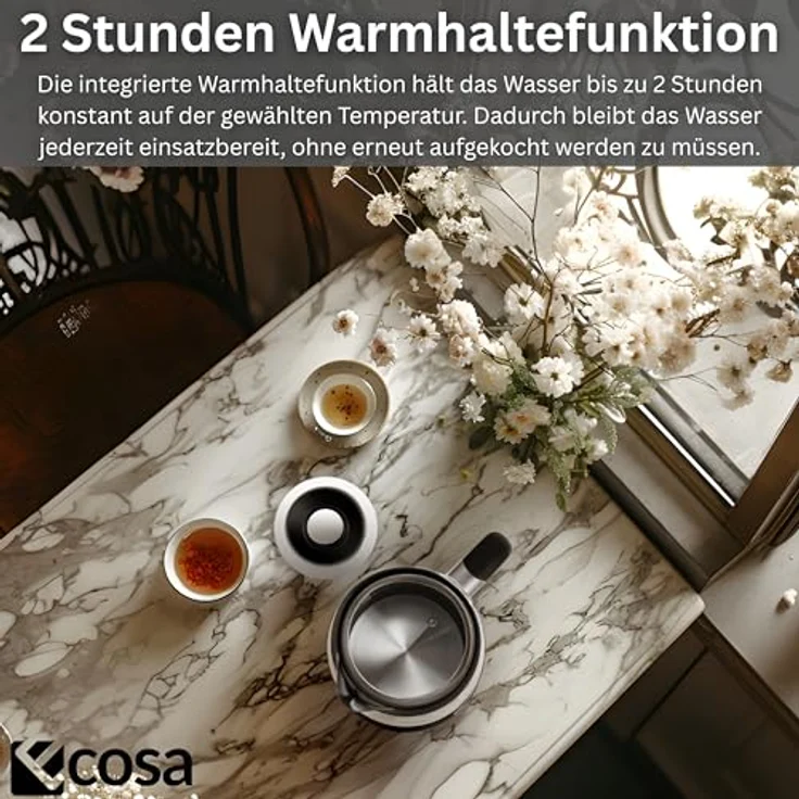 ecosa Wasserkocher EO-699, 1.7 l, 2200 W, digitales Farb-Touchdisplay, 13 Temperaturstufen, Warmhaltefunktion, Kalkfilter, Borosilikatglas – Bild 5