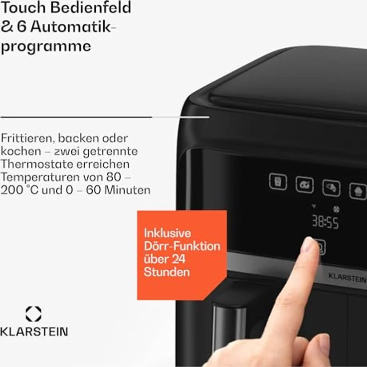 Klarstein VitaFry Duo Skylight Doppel-Heißluftfritteuse, 2850W, 7,6L, Touch-Bedienfeld, 6 Modi, XL, schwarz – Bild 6