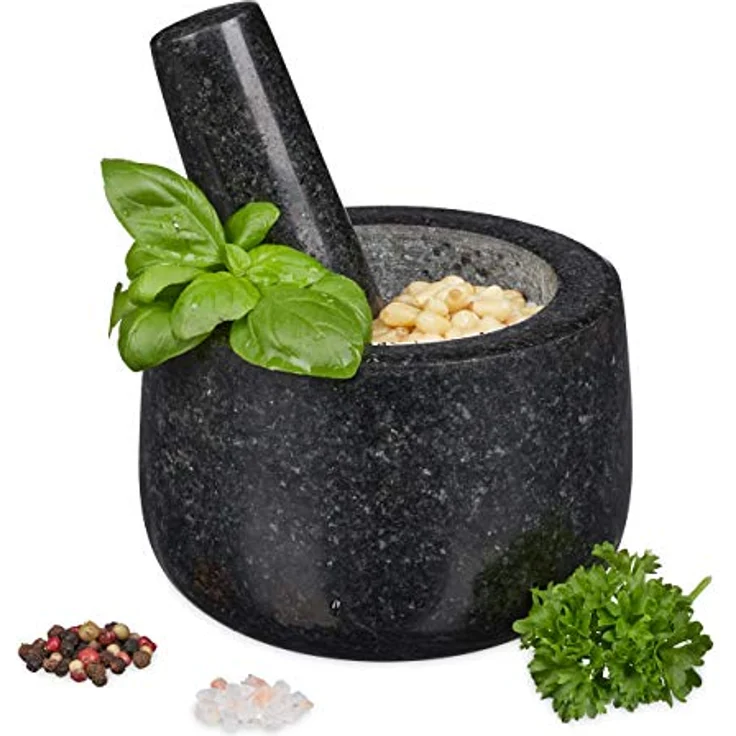 Relaxdays Granit Mörser mit Stößel, robust & langlebig, Gewürze, Kräuter, polierter Steinmörser, Ø 12 cm, 300ml, schwarz – Bild 2
