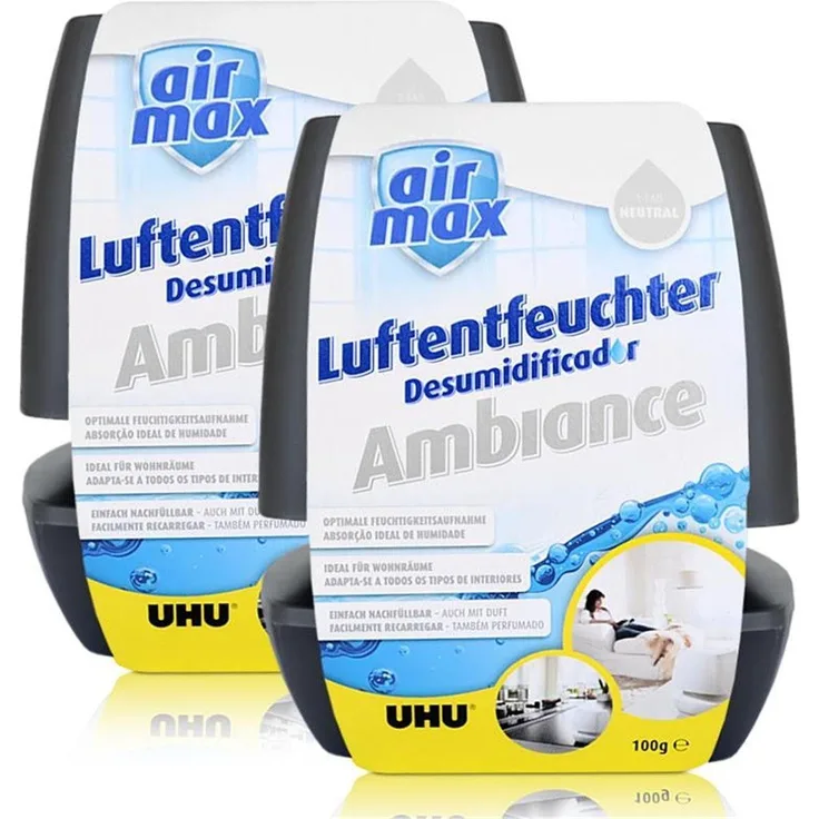 UHU Luftentfeuchter 2x Uhu Air Max Ambiance 100g, anthrazit - Nachfüllbarer Luftentfeuchter für gesundes Raumklima