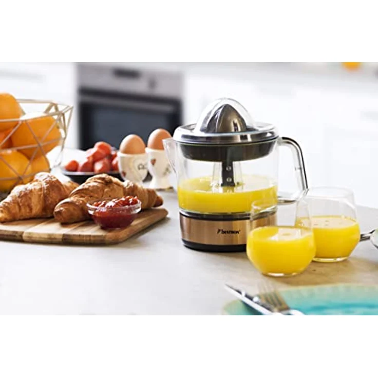 Bestron elektrische Zitrus- & Orangenpresse, inkl. 2 Presskegel und Aromadeckel, Motor mit zwei Drehrichtungen (links/rechts), Füllmenge: 0.7 Liter, 40 Watt, Farbe: Kupfer – Bild 3