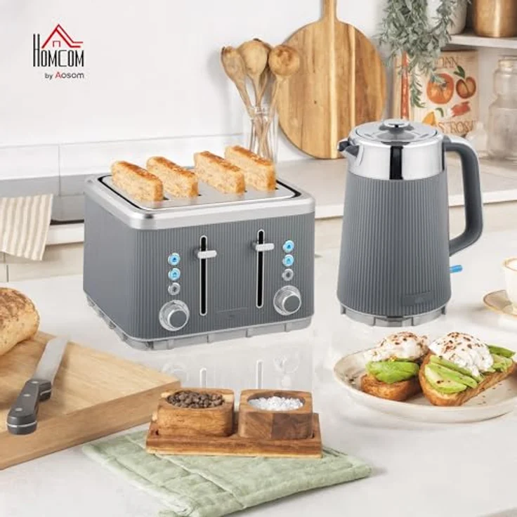 HOMCOM Wasserkocher-Toaster Set, 1,7L Wasserkocher und 4-Scheiben-Toaster in Grau/Silber, mit Thermostat und 7 Bräunungsstufen – Bild 2
