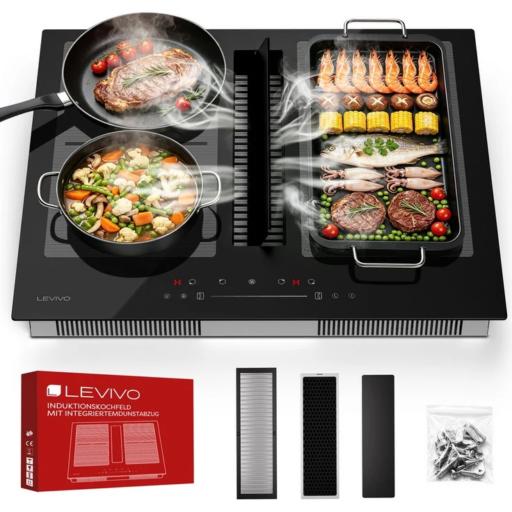 Levivo Induktions-Kochfeld 60 cm mit integriertem Dunstabzug 531 m³/h, 9 Stufen & Booster, Touch-Control, Timer, Bridge-Funktion, 7270 W
