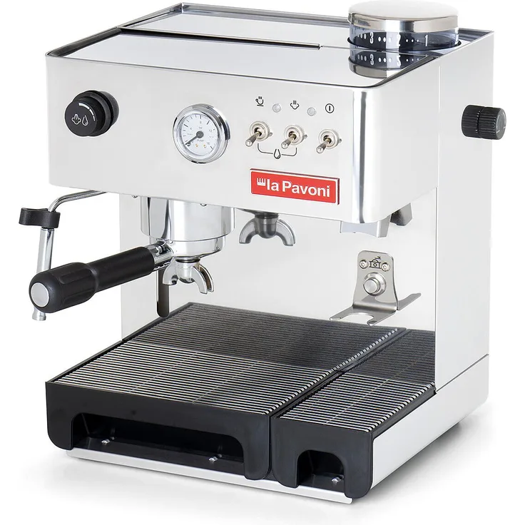 La Pavoni Espressomaschine New Domus Bar, Pumpenmanometer, Temperaturanzeige, einstellbarer Mahlgrad in 7 Stufen, Edelstahl