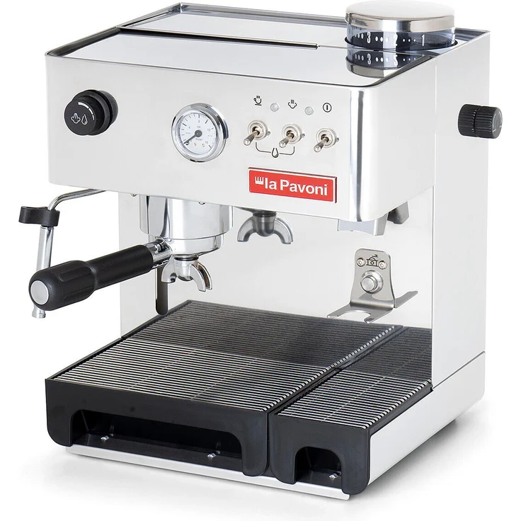 La Pavoni Espressomaschine New Domus Bar, Pumpenmanometer, Temperaturanzeige, einstellbarer Mahlgrad in 7 Stufen, Edelstahl – Bild 1