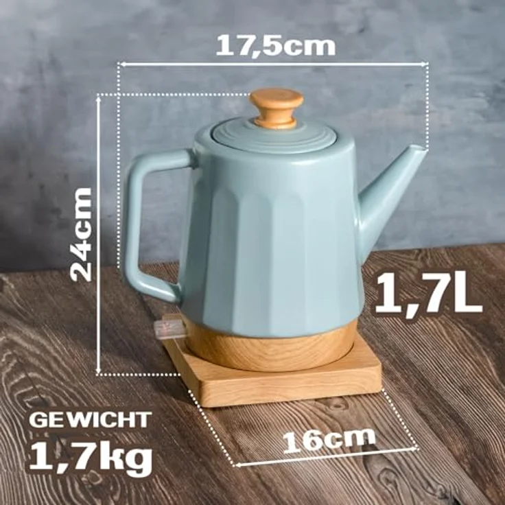 Kvota Elektrischer Wasserkocher aus Keramik, 1,5 Liter, abnehmbarer Deckel, Grau-Blau Modernes Design Harmonie, Teakettle ceramic 1500 W, Decke-Holzgriff, drehbare Basis, Öko-Design – Bild 3