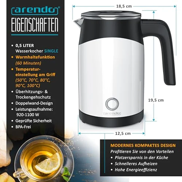 Arendo 23030012 Wasserkocher, 1100W, 0,5L, 5 Temperaturstufen, Warmhaltefunktion, Edelstahl – Bild 3