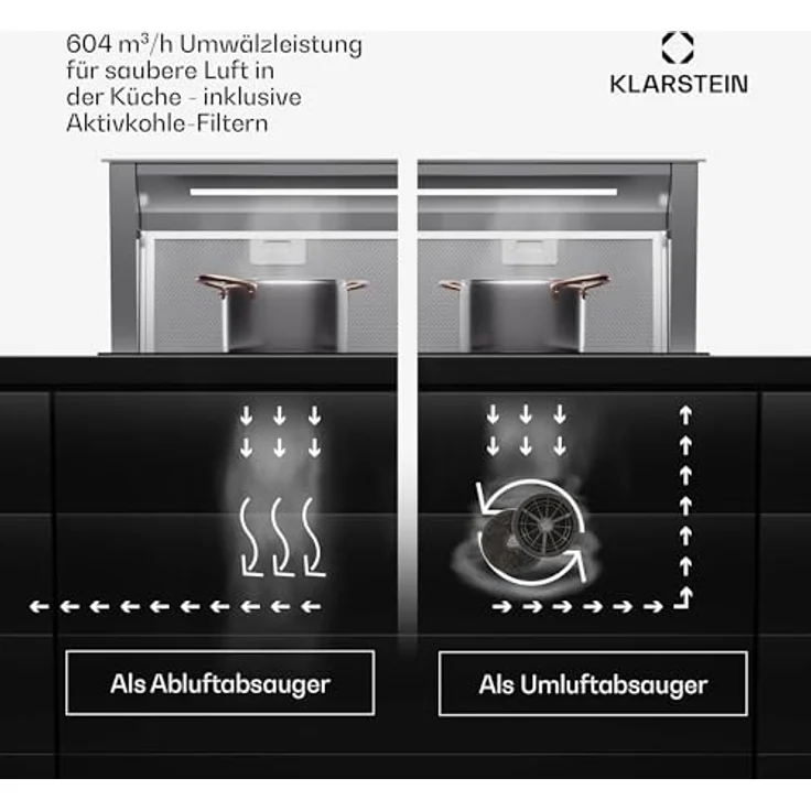 Klarstein Royal Flush Eco 90, Versenkbare Downdraft-Dunstabzugshaube mit 576m³/h Luftstrom, LED-Beleuchtung & Touch-Bedienfeld, Edelstahl – Bild 3