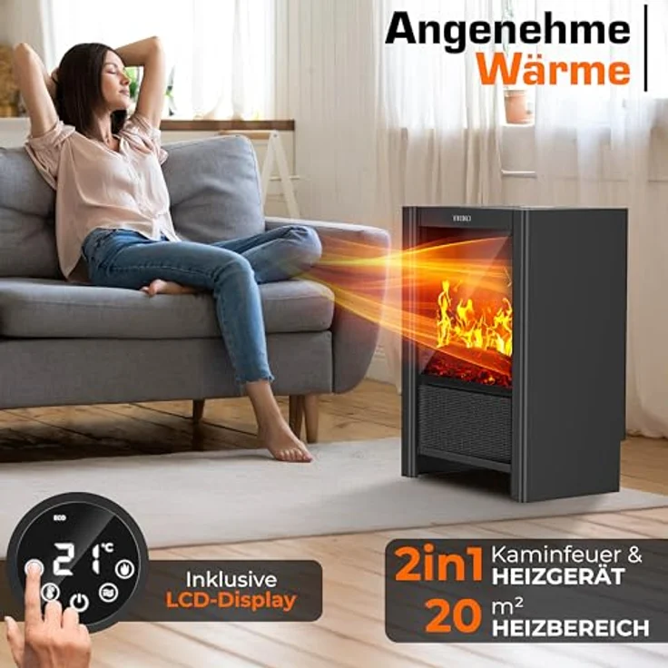 TRESKO Elektrokamin, Heizstrahler mit 2000W, WiFi App, Fernbedienung und LCD-Display, schwarz – Bild 3