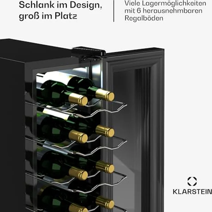 Klarstein Shiraz 14 Slim Uno, Weinkühlschrank für 14 Flaschen, 5 - 18 °C, Touch-Control, kompakt, verchromte Regale – Bild 3