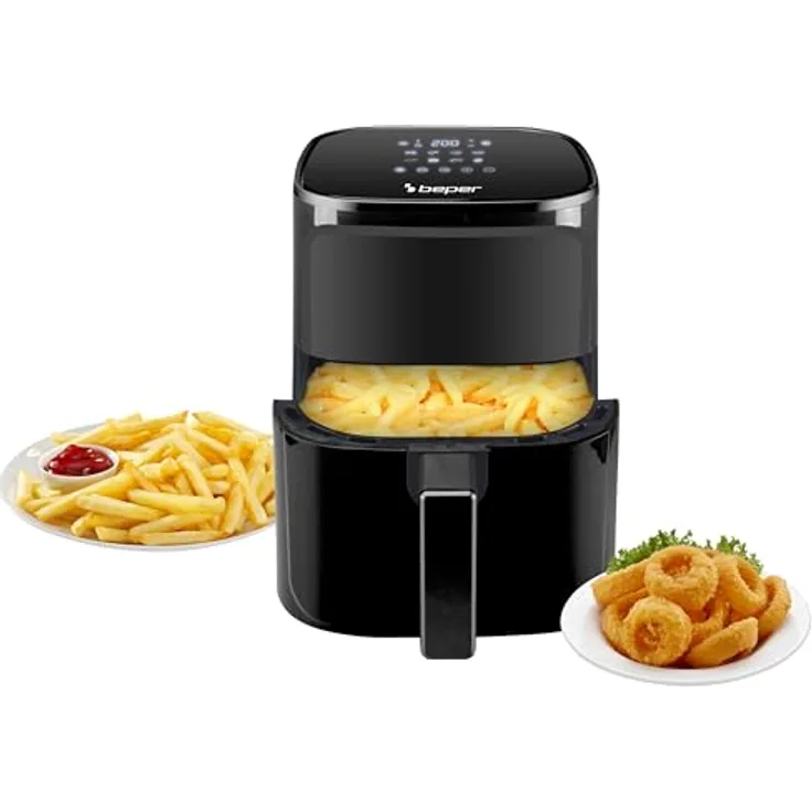 BEPER P101FRI051 Heißluftfritteuse, Frittieren ohne Öl, 5 l, Touchpad, 8 Programme, dimmbar bis 200 °C, Timer 60 Minuten, automatische Abschaltung, Schwarz