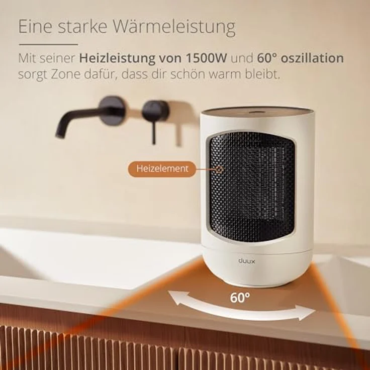 Duux Zone Energiesparender Heizlüfter Leise - Elektrische Heizung mit 1500 Watt, 3 Leistungsstufen, thermostat und 60 Grad horizontaler Schwingung - Weiß – Bild 2