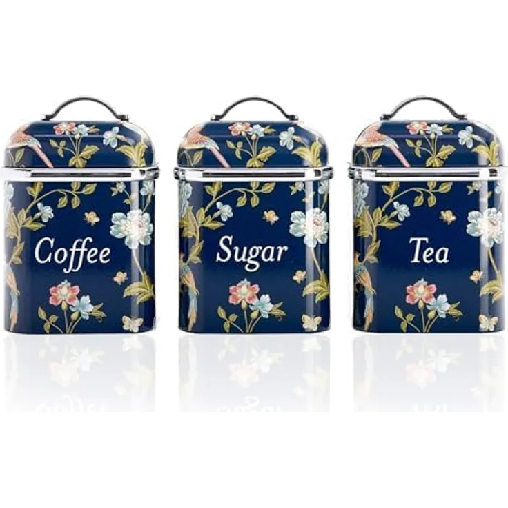 VQ Laura Ashley Vorratsdosen Elveden Navy, 3er-Set aus luftdichtem Weißblech für Tee, Kaffee und Zucker