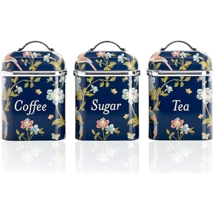 VQ Laura Ashley Vorratsdosen Elveden Navy, 3er-Set aus luftdichtem Weißblech für Tee, Kaffee und Zucker – Bild 1