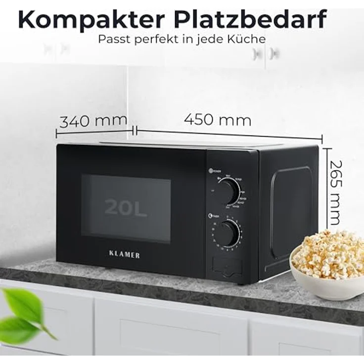 KLAMER Mikrowelle KMW-20, 20 Liter, 700 Watt, 9 Leistungsstufen, Grill- und Auftaufunktion, 35-Minuten-Timer, inkl. Drehteller & Grillrost, schwarz – Bild 4