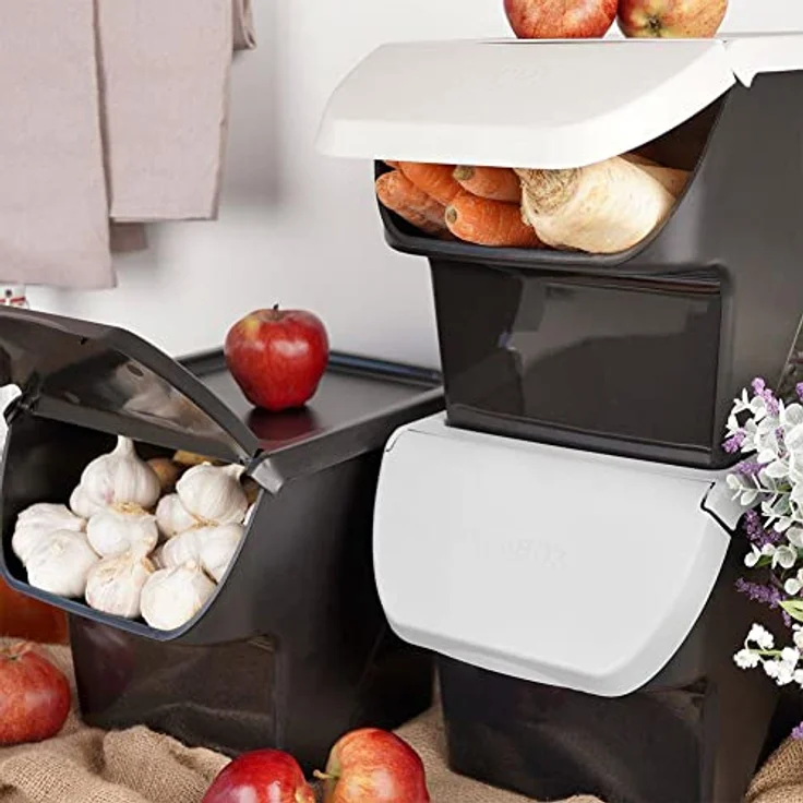 Vilde Aufbewahrungsbehälter | Frischhaltebehälter für Obst, Gemüse, Zwiebeln, Kartoffeln, Knoblauch | mit Klappe, lebensmittelecht, 13l, Schwarz/Grau, Made in EU – Bild 4