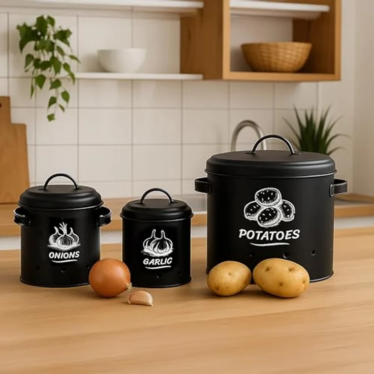 relaxdays Vorratsdose Kartoffel Aufbewahrungsbox 3er Set, Stahl, schwarz – optimale Lagerung für Kartoffeln, Zwiebeln und Knoblauch mit Belüftungslöchern und dekorativem Design – Bild 2